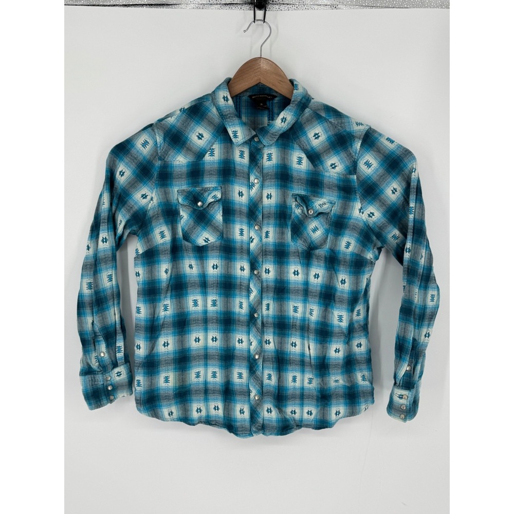 Bit & Bridle Plaid Flannel Western Pearl Snap Shirt Women's Sz XL Blue Aztec N3